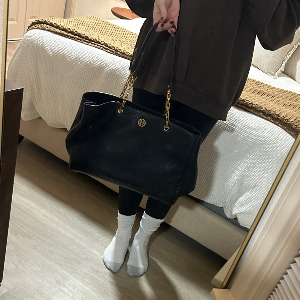 Tory Burch Black Pebbled Leather Tote with Gold Details - Picture 11 of 12